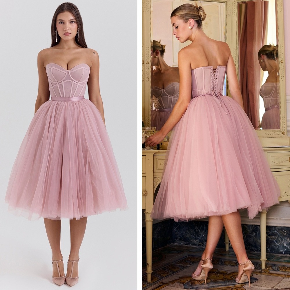 House of CB Darling French Rose Tulle Strapless Midi Dress - Size Medium - Picture 1 of 16